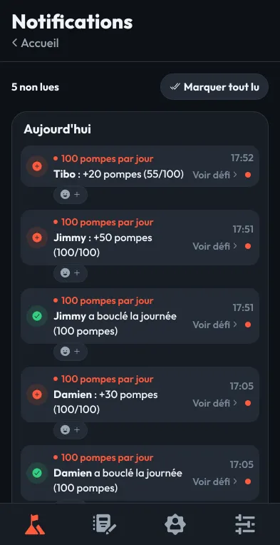 The app’s notification centre: other participants’ entries and completed days.