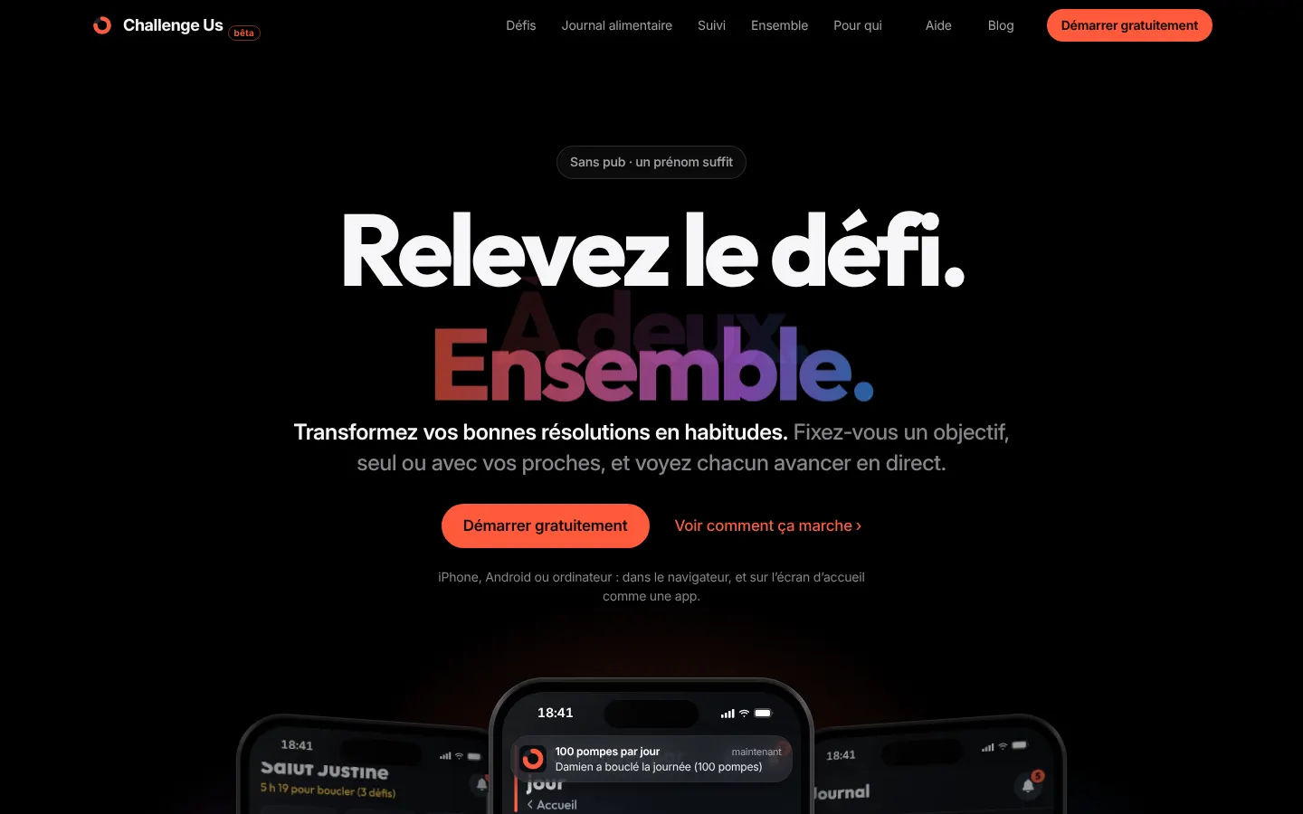 challengeus.app home page: “Take on the challenge. Together.”, with app screenshots in phones.