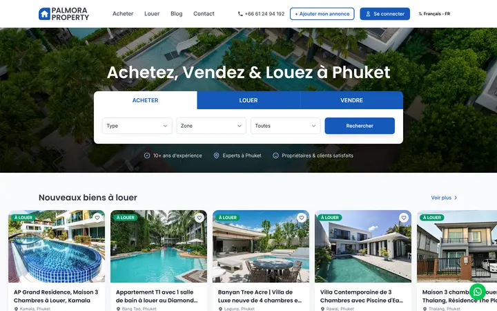 Palmora home page in French: search by type, area and budget, then the latest properties for rent.