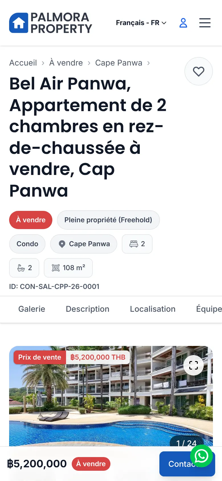 A flat for sale at Cape Panwa on a phone: translated title, tenure, floor area and gallery.