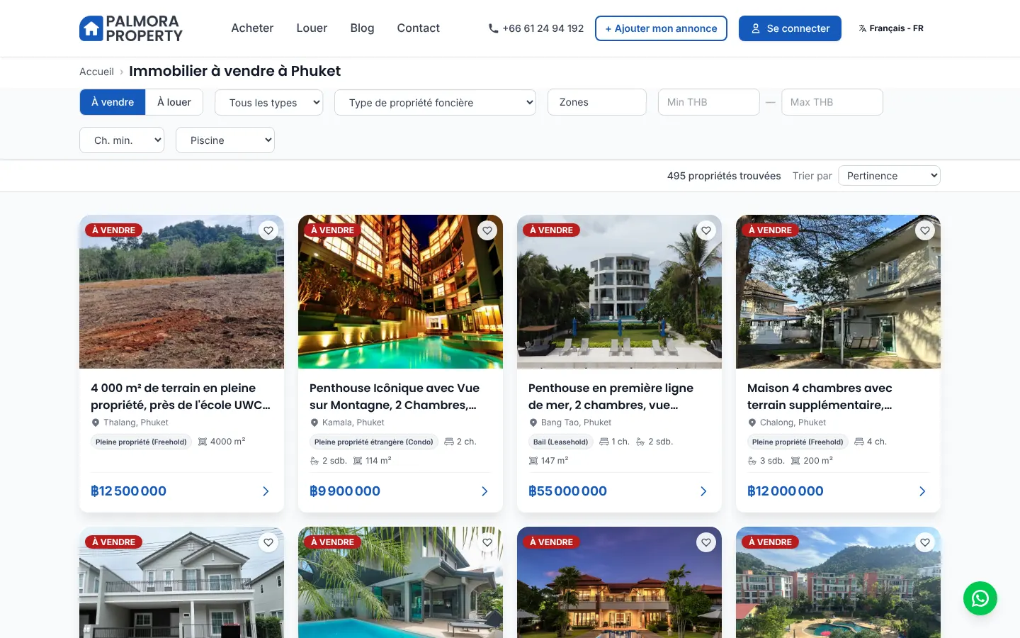 List of properties for sale in Phuket with its filters: contract, type, tenure, area, budget, bedrooms and pool.