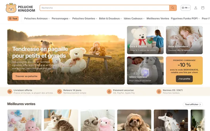 peluche-kingdom.com home page: banner, categories, reassurance strip and best sellers.