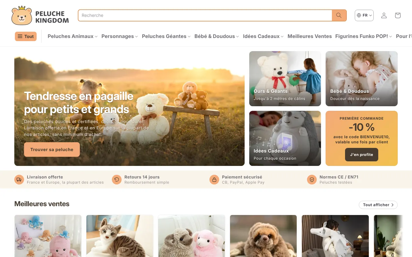 peluche-kingdom.com home page: banner, categories, reassurance strip and best sellers.