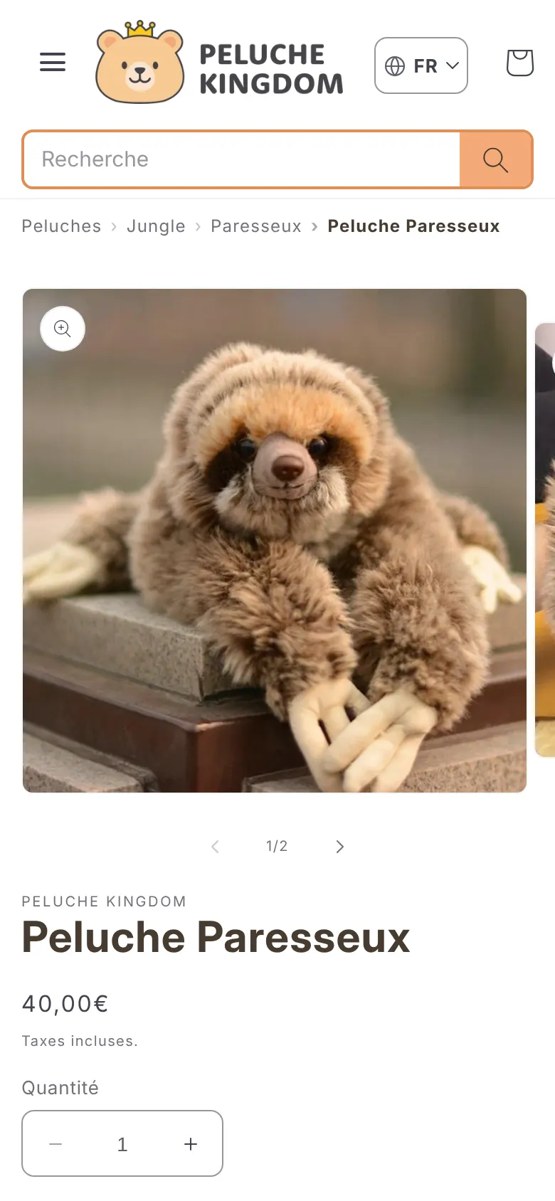 Product page of a sloth plush on a phone: breadcrumb, gallery and price.
