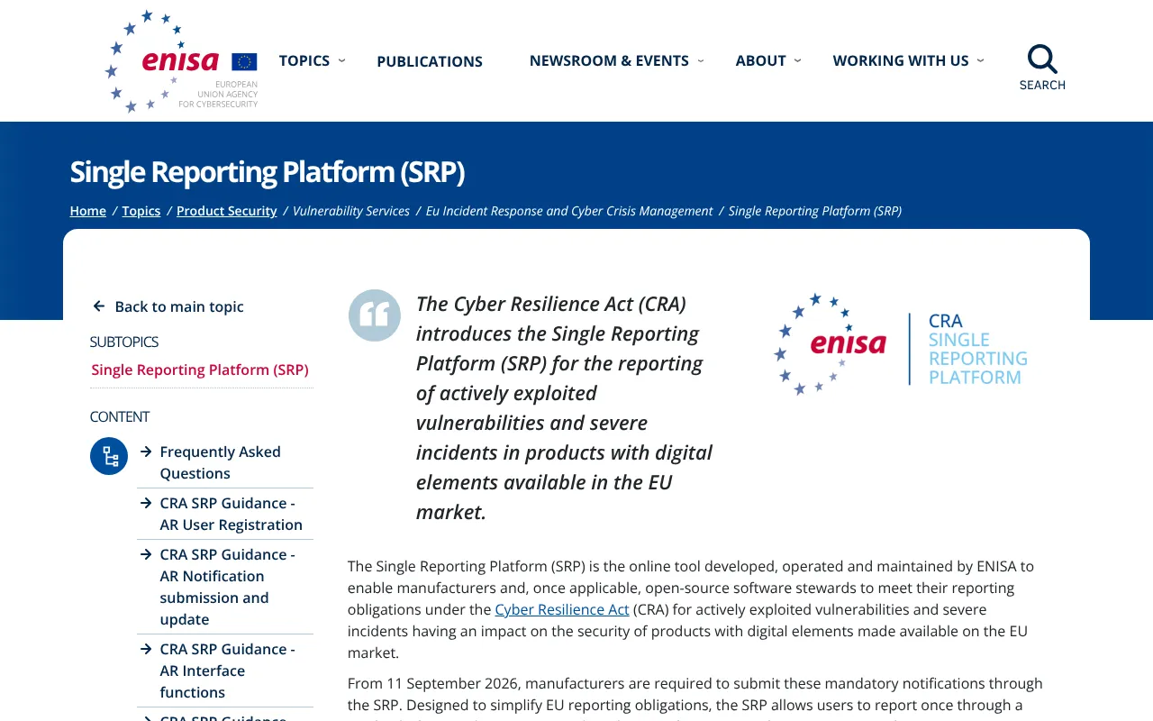 ENISA page presenting the Cyber Resilience Act single reporting platform