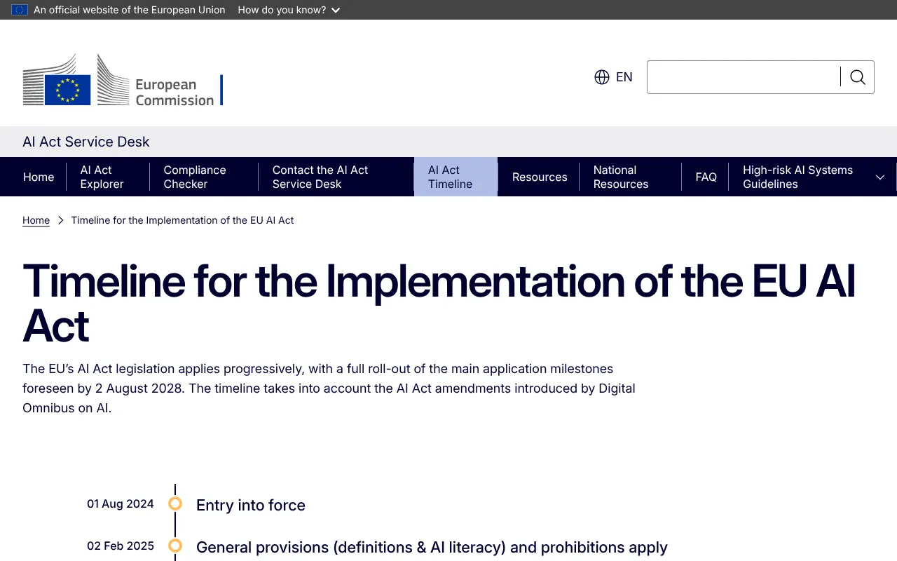 Timeline for the Implementation of the EU AI Act page on the Commission's service desk, announcing full roll-out by 2 August 2028 taking the Digital Omnibus into account
