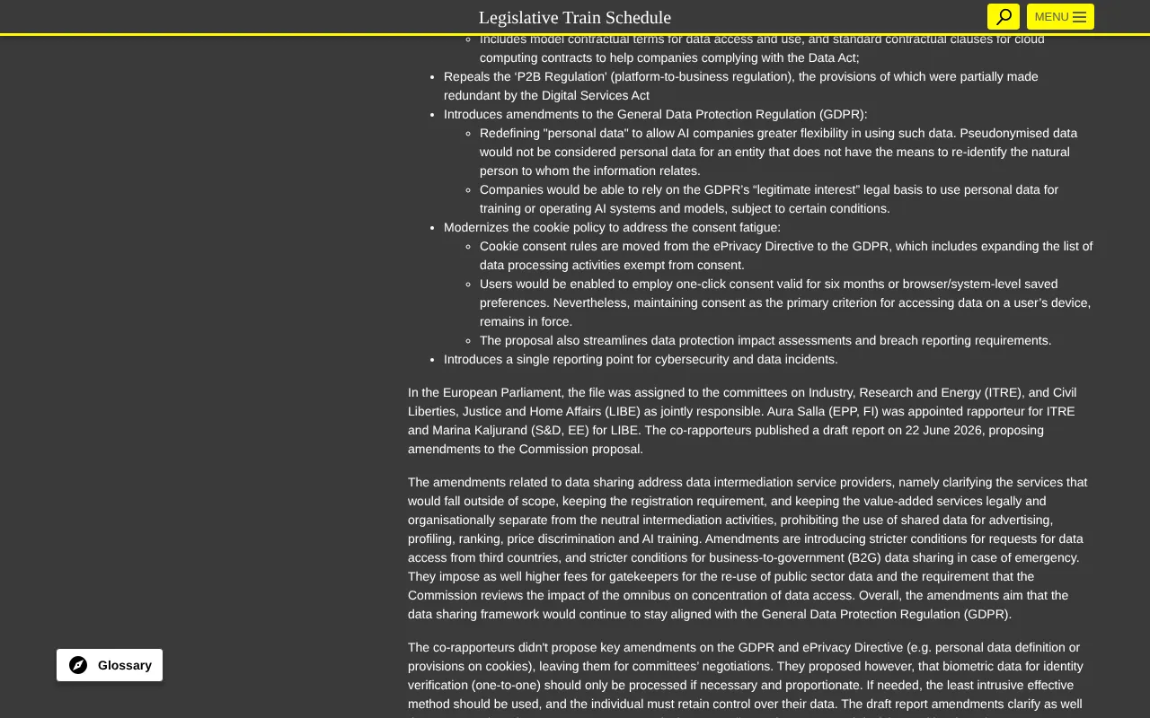 European Parliament legislative tracker page on the Digital Omnibus proposal, listing the proposed changes to the GDPR and to cookie rules