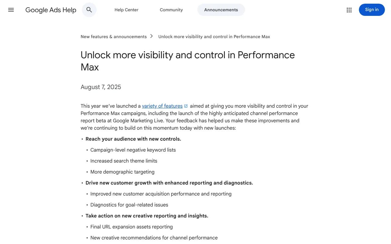 Google's 7 August 2025 announcement of new Performance Max controls: negative keyword lists, search themes, reporting