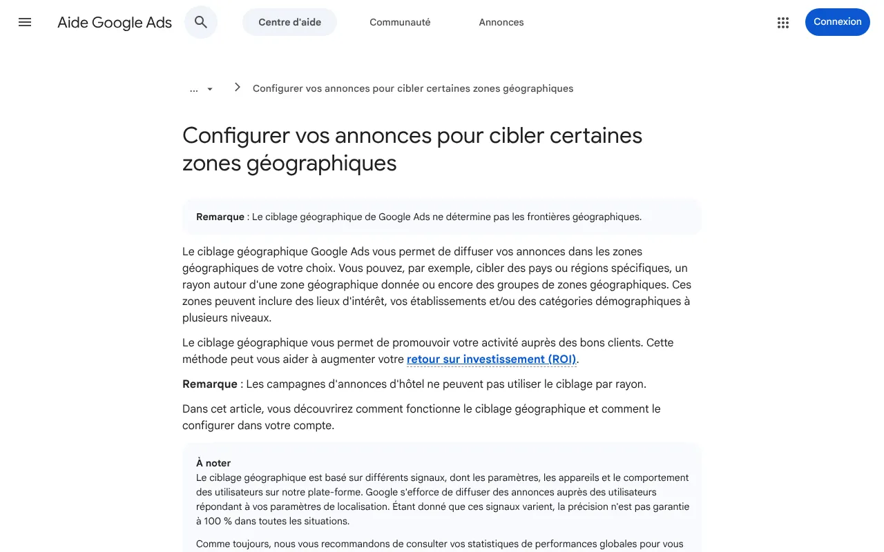 Google Ads help page, French edition, on targeting ads to geographic locations: countries, regions, a radius around a location, location groups